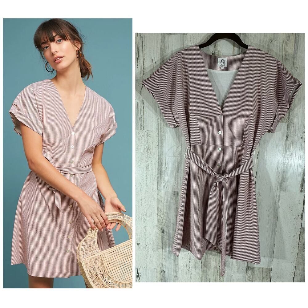 dRA Los Angeles Anthropologie Terracotta Seersucker Shirt Dress Small